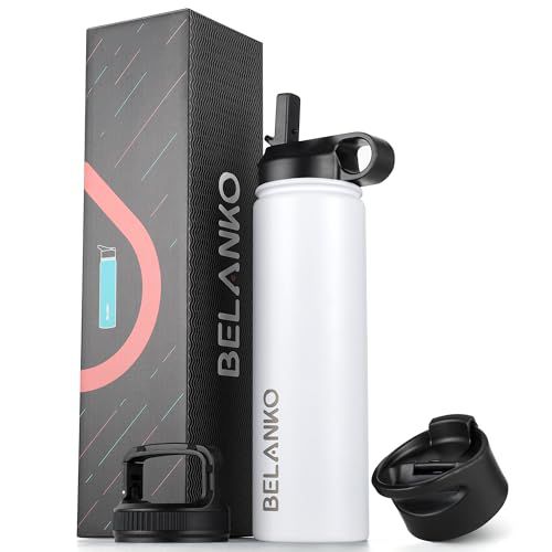 Water Bottle, BELANKO 24 Oz Insulated Stainless Steel Water Bottle with Straw and 3 Lids, Leak-Proof Double-Wall Vacuum for Cold Water Drinks, Sports, Travel, School, and Car - Polar White P