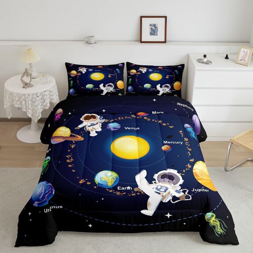 Solar System Comforter Set Full Size Outer Space Comforter for Kids Teens Adults Universe Planets Bedding Set Cute Astronaut Blue Yellow Duvet Set Room Decor 3Pcs with 2 Pillow Case Multi 11
