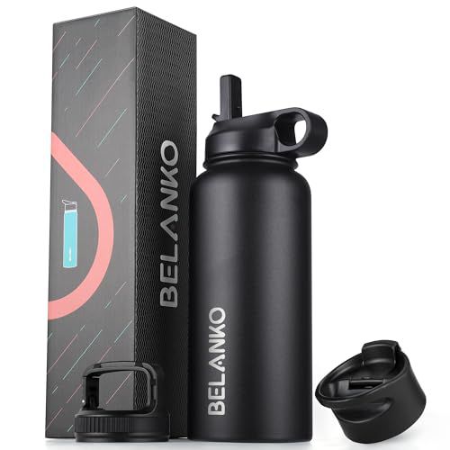 Water Bottle, BELANKO 32 Oz Insulated Stainless Steel Water Bottle with Straw and 3 Lids, Leak-Proof Double-Wall Vacuum for Cold Water Drinks, Sports, Travel, School, and Car - Jet Black Jet