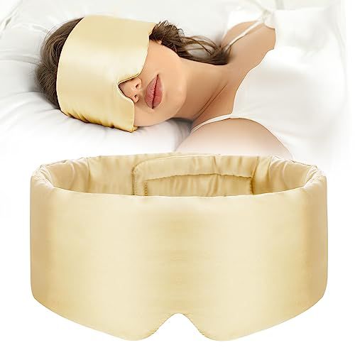 100% Mulberry Silk Sleep Mask Eye Mask for Women Man with Adjustable Band, for Side Sleeper Blackout Sleep Mask for Travel Rest and Office (Gold)