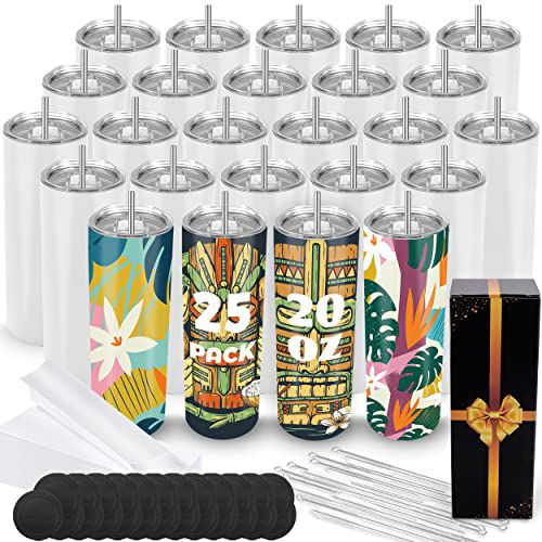 Joyclub 25 Pack 20 oz Sublimation Tumblers Bulk Sublimation Blanks for Heat Transfer Double Wall Insulated Straight SkinnyTumbler with Individually Gift Box and Shrink Wrap Film White 25 Pac