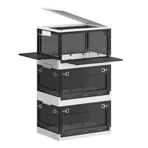 SONGMICS Plastic Storage Bins with Lids, 11.6 Gal. (46.4 Qt.) Stackable Closet Organizer, 5 Doors, Pack of 3, Storage Cabinet, Office Organization, Foldable, Cloud White and Slate Gray URPB0