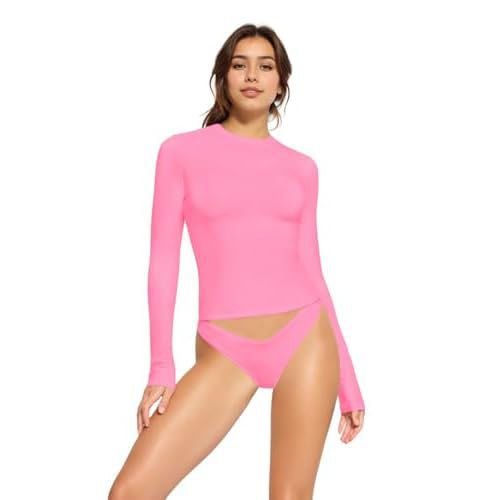 Crewneck Cotton Long Sleeve T Shirts for Women Basic Tees Crop Tops Slim Fitted Y2k Going Out Tops Pink X-Large