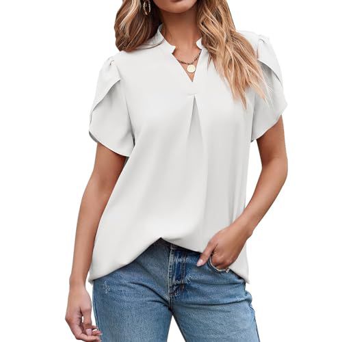 FQFGGYD Dressy Top for Women Summer Casual Chiffon Shirts V-Neck Blouses Petal Lotus Short Sleeve T-Shirts Flowy Tunic Tops White