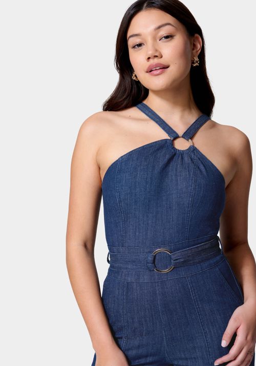 Asymmetric Neckline Wide Leg Lightweight Denim Jumpsuit