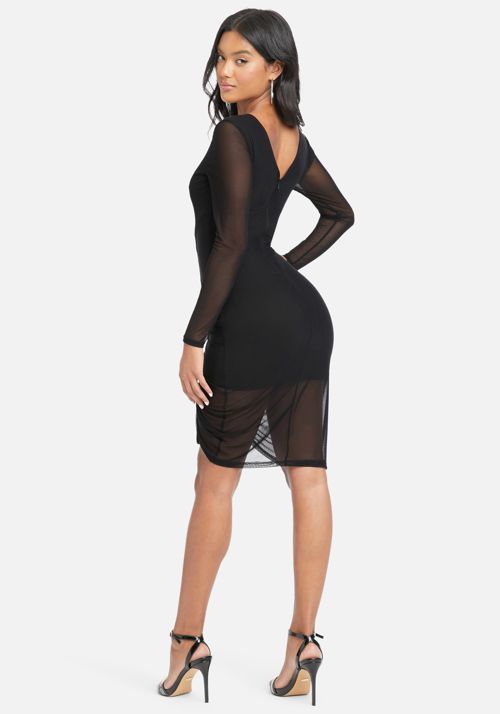 Long Sleeve Mesh Ruched Dress