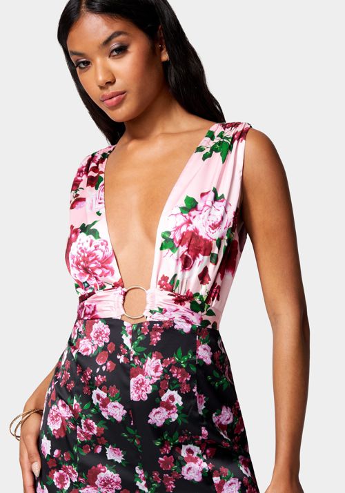 Printed Deep V Godet Leg Jumpsuit