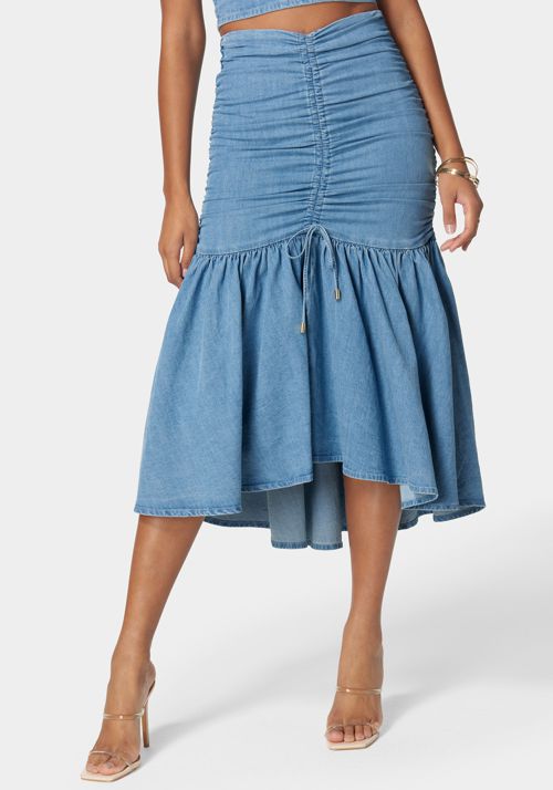 Ruched Drawcord Hi Lo Flared Hem Denim Skirt