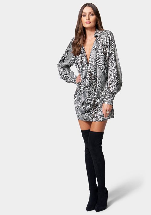 Printed Satin Cowl Neck Shirtdress