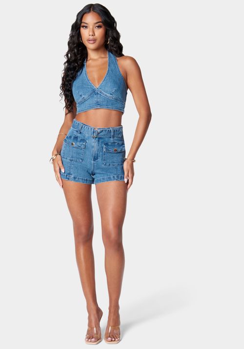 High Waist Patch Pockets Detail Denim Short