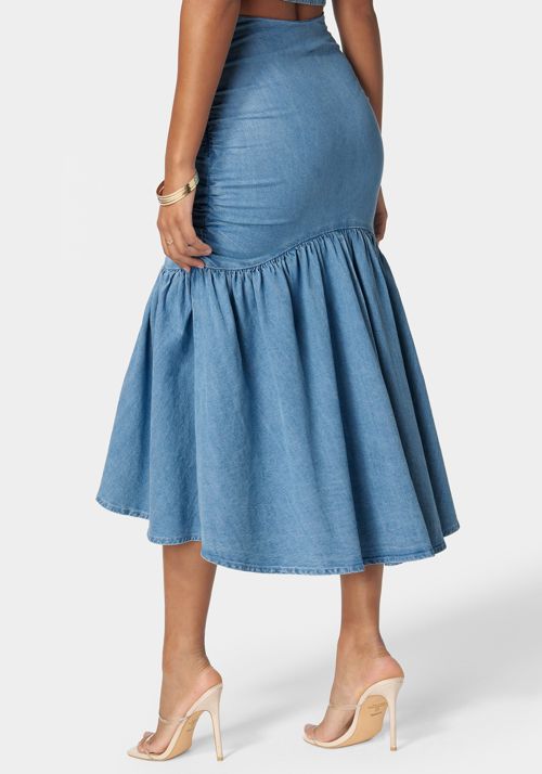 Ruched Drawcord Hi Lo Flared Hem Denim Skirt