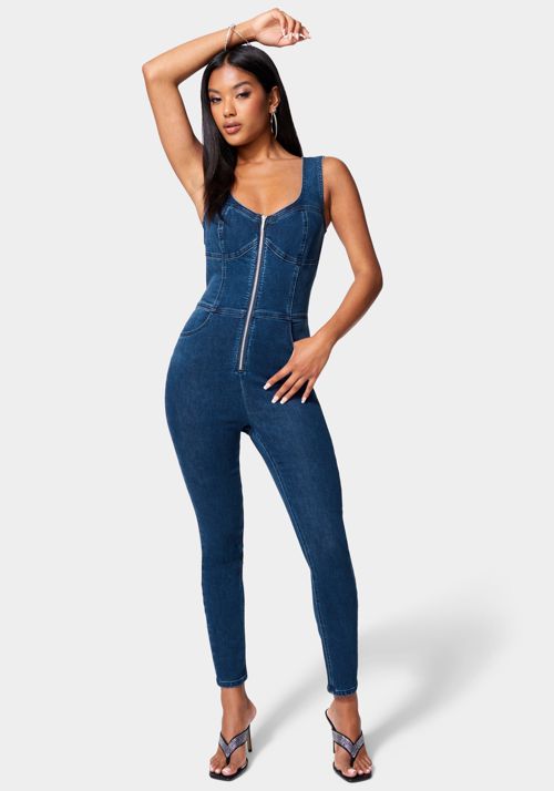 Skinny Leg Front Zip Denim Jumpsuit