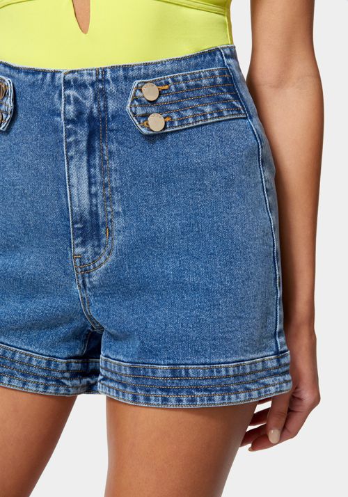 High Waist Trapunto Stitch Tab Denim Short