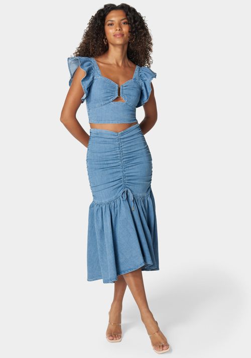 Ruched Drawcord Hi Lo Flared Hem Denim Skirt