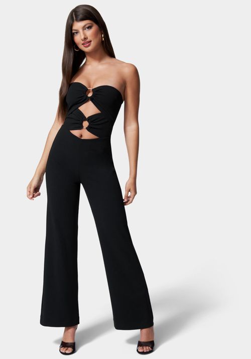 Ring Detail Wide Leg Knit Crepe With Satin Combo Jumpsuit