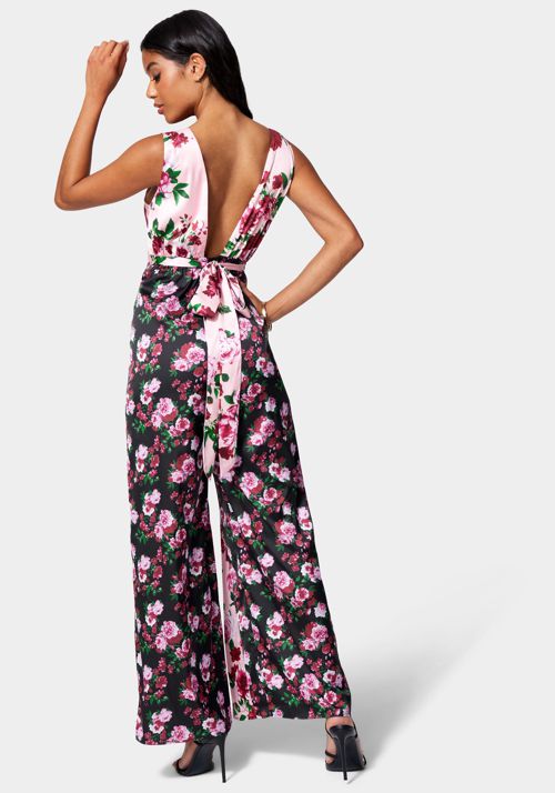 Printed Deep V Godet Leg Jumpsuit