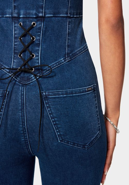 Skinny Leg Front Zip Denim Jumpsuit