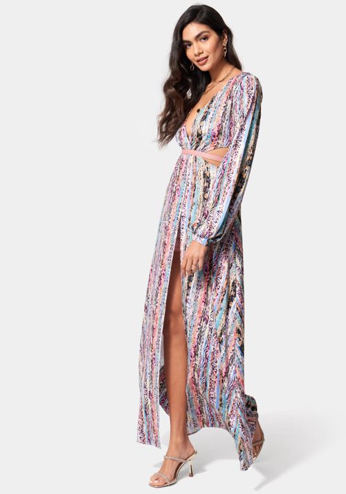 Printed Knit Deep V Maxi