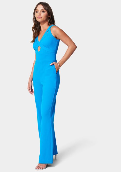 Multi Strap Knit Crepe Wide Leg Jumpsuit