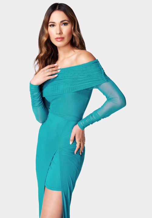 Off Shoulder Asymmetrical Mesh Gown