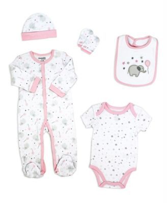 necessities by tendertyme Baby Girls Elephants and Balloons Layette, 5 Piece Set, Baby Pink, 6 - 9 Months