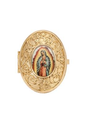 Symbols of Faith Gold Tone Our Lady of Guadalupe Decal Oval Pill Box, Yellow