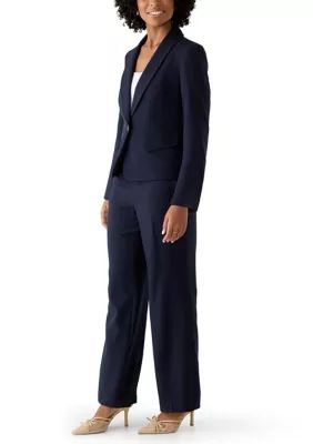 Le Suit Women's One Button Shawl Jacket and Pull On Pant, Navy Blue