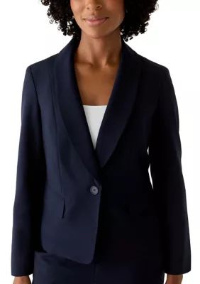 Le Suit Women's One Button Shawl Jacket and Pull On Pant, Navy Blue