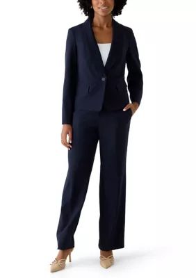 Le Suit Women's One Button Shawl Jacket and Pull On Pant, Navy Blue