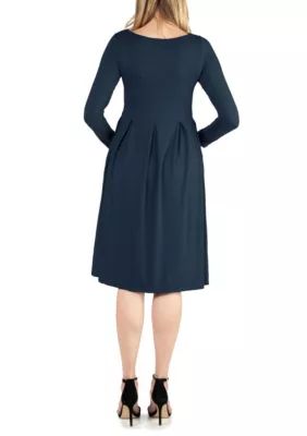24seven Comfort Apparel Women's Midi Length Fit N Flare Pocket Maternity Dress, Navy Blue, 1X