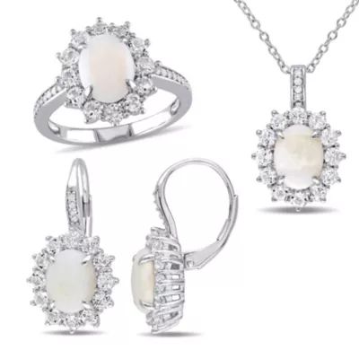 Belk & Co Opal White Topaz Halo Ring, Earrings & Pendant with Chain in Sterling Silver, 4