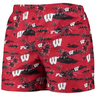 FOCO Men's NCAA Wisconsin Badgers Island Palm Swim Trunks, Red, 2XL