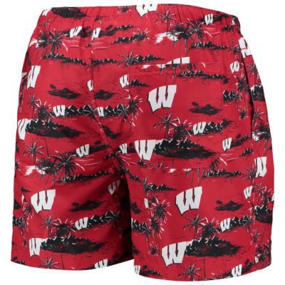 FOCO Men's NCAA Wisconsin Badgers Island Palm Swim Trunks, Red, 2XL