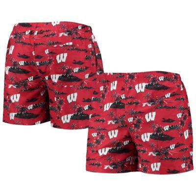 FOCO Men's NCAA Wisconsin Badgers Island Palm Swim Trunks, Red, 2XL