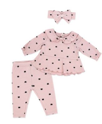 Baby Mode Baby Girls Tiny Bows 3 Piece Top, Leggings, and Headband Set