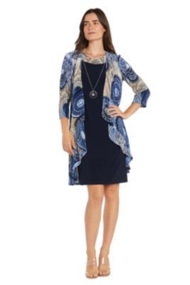 R & M Richards Women's 2Pc Printed Jacket Dress with Detachable Necklace