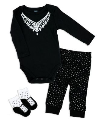 Baby Mode Baby Girls 3 Piece Diamond Necklace Bodysuit, Pants and Socks Set, Black