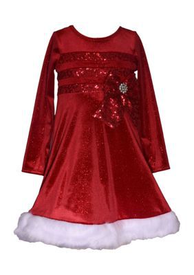 Bonnie Jean Baby Girls Stretch Velvet Dress with Faux Fur, Red, 24 Months