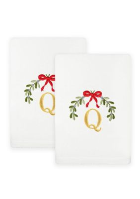 Linum Home Textiles Christmas MISTLETOE MONOGRAM Hand Towel Set of 2, White
