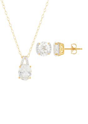 Belk & Co Lab Grown White Sapphire Pendant Necklace with 18" Cable Chain and Stud Earrings Set in Gold Over Sterling Silver, 18 in