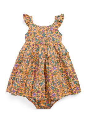 Ralph Lauren Childrenswear Baby Girls Floral Ruffled Cotton Dress and Bloomer, 3 Months