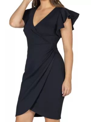 24seven Comfort Apparel Women's V Neck Ruffle Sleeve Knee Length Dress, Black, XL