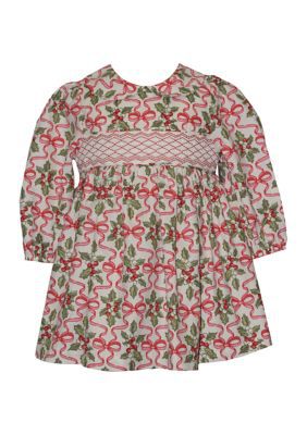 Bonnie Jean Toddler Girls Long Sleeve Smocked Holly Print Dress