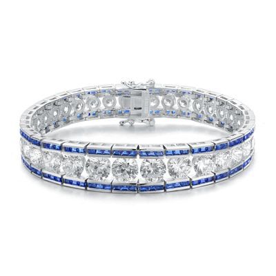 Rozzato Lab Created Sterling Silver White Gold Plated with Colored Baguette Cubic Zirconia Link Bracelet