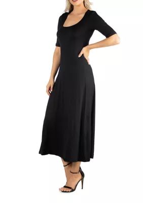 24seven Comfort Apparel Women's Elbow Sleeve A-Line Maxi Dress, Black, Large
