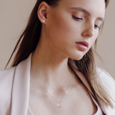 Belk & Co Lab Created 2-Pc Set of Created White Sapphire and 1/6 ct. t.w. Diamond Square Halo Stud Earrings and Pendant with Chain in 10K White Gold
