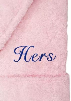 Linum Home Textiles Women's Terry Bathrobe Embroidered with Hers Design in Script Font, Black, L/XL