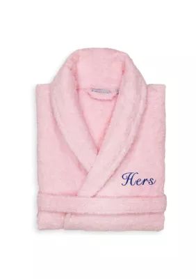 Linum Home Textiles Women's Terry Bathrobe Embroidered with Hers Design in Script Font, Black, L/XL