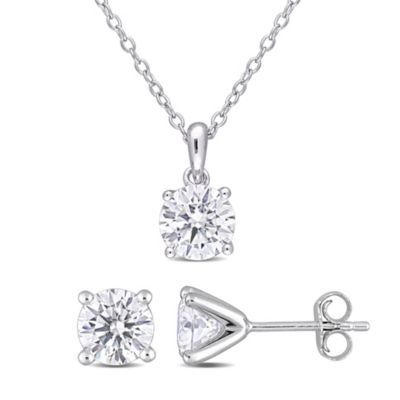Belk & Co Lab Created 2 Piece Set of Created White Moissanite Stud Earrings & Pendant with Chain in Sterling Silver