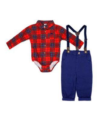 Little Gent Toddler Boys 4 Piece Red Plaid Suspender and Bowtie Set